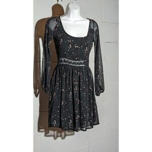 Ardene Floral Print Long Sleeve A-line Mini Dress Open Knit Crochet Waist Xsmall